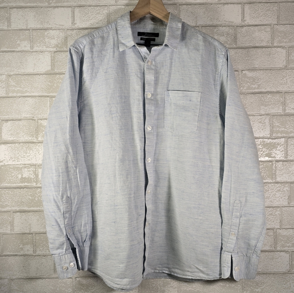 Marc Anthony Luxury Linen Men's Light Blue Pin Stripe Button Down Shirt Size L